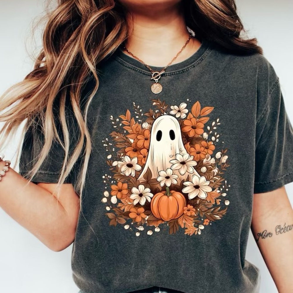 Cute ghost with pumpkin and flowers T-shirt comfort colors tee